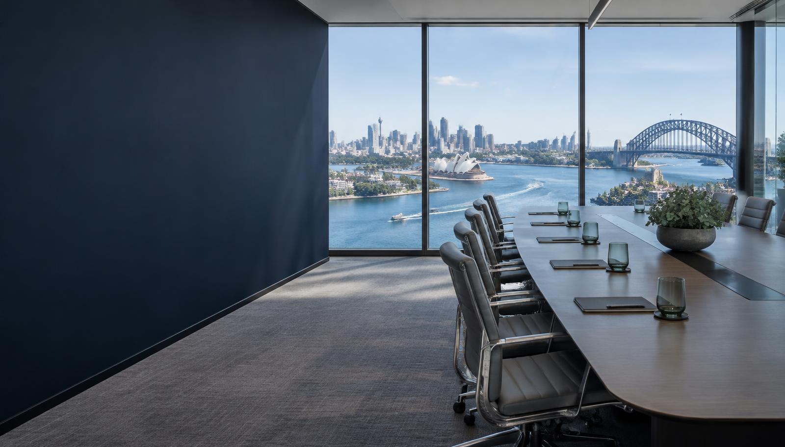 Illustrative corporate boardroom overlooking Sydney Harbour